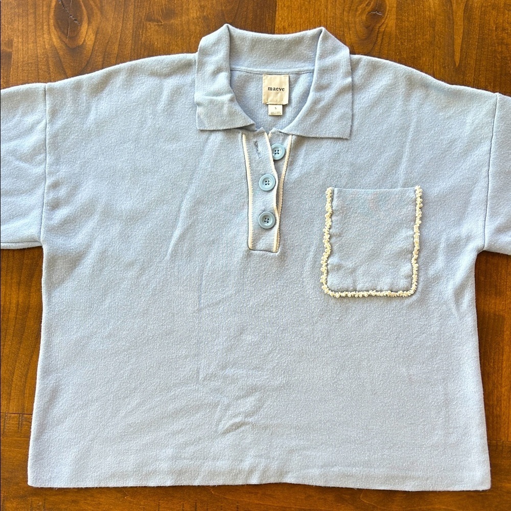 Maeve Anthropologie The Elliot Light Blue Pearl Embellished Knit Polo Top Size S - Picture 2 of 7